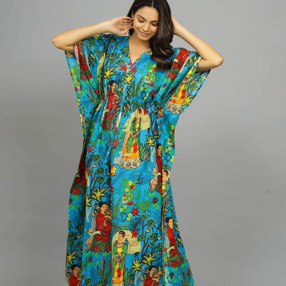 New Brand Turquoise Frida Kahlo Cotton Kaftan summer Maxi dress Holiday dress